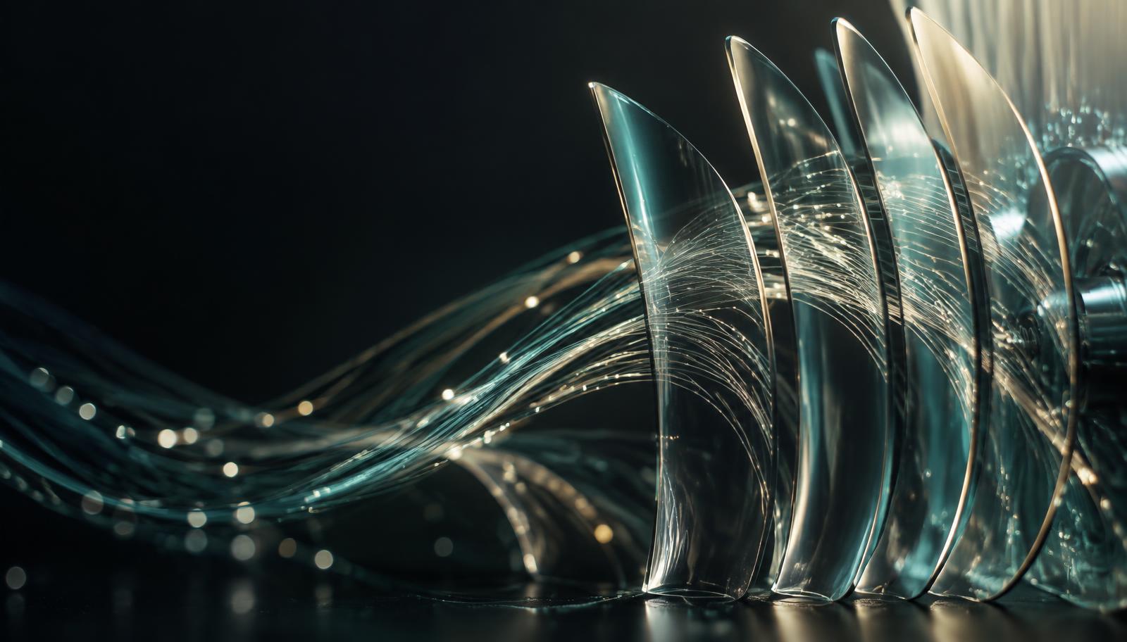 Glass forms and illuminated filaments suggesting connected systems and movement